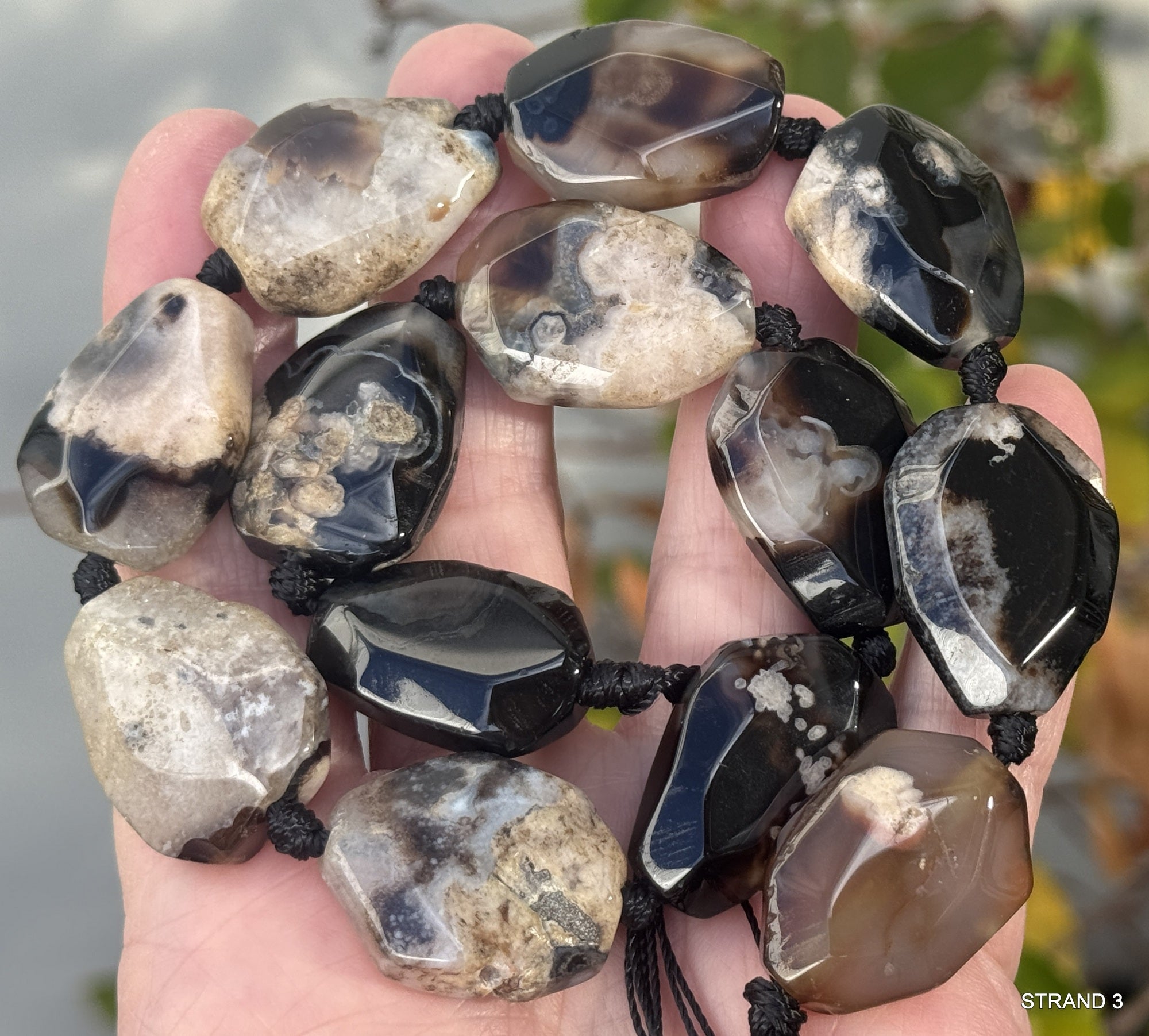 Black Sakura Agate freeform faceted natural gemstone beads full strand - Oz Beads 