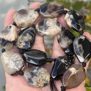 Black Sakura Agate freeform faceted natural gemstone beads full strand - Oz Beads 