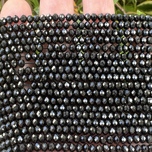 Black Tourmaline 3x4mm faceted rondelle gemstone beads 15.5" strand - Oz Beads 