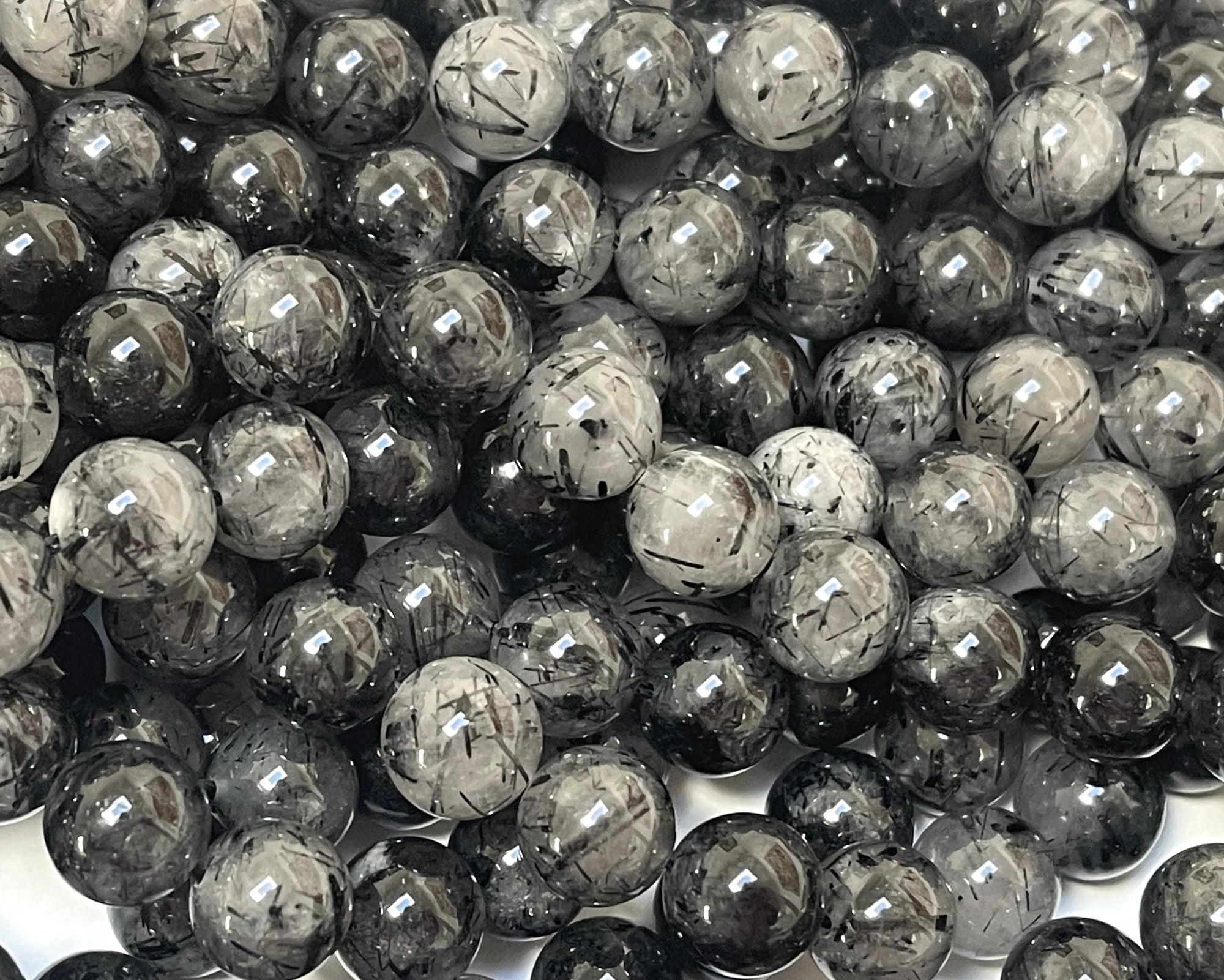Black Tourmaline Rutilated Quartz 10mm round natural gemstone beads 15" strand - Oz Beads 