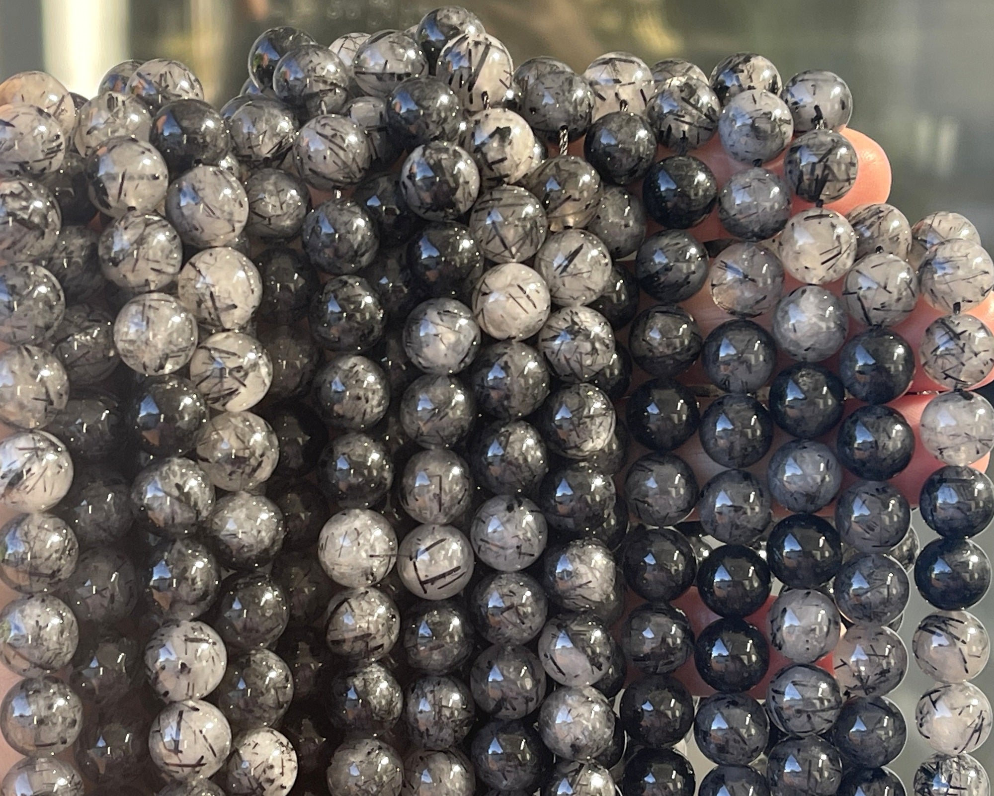 Black Tourmaline Rutilated Quartz 10mm round natural gemstone beads 15" strand - Oz Beads 