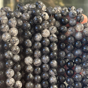 Black Tourmaline Rutilated Quartz 10mm round natural gemstone beads 15" strand - Oz Beads 