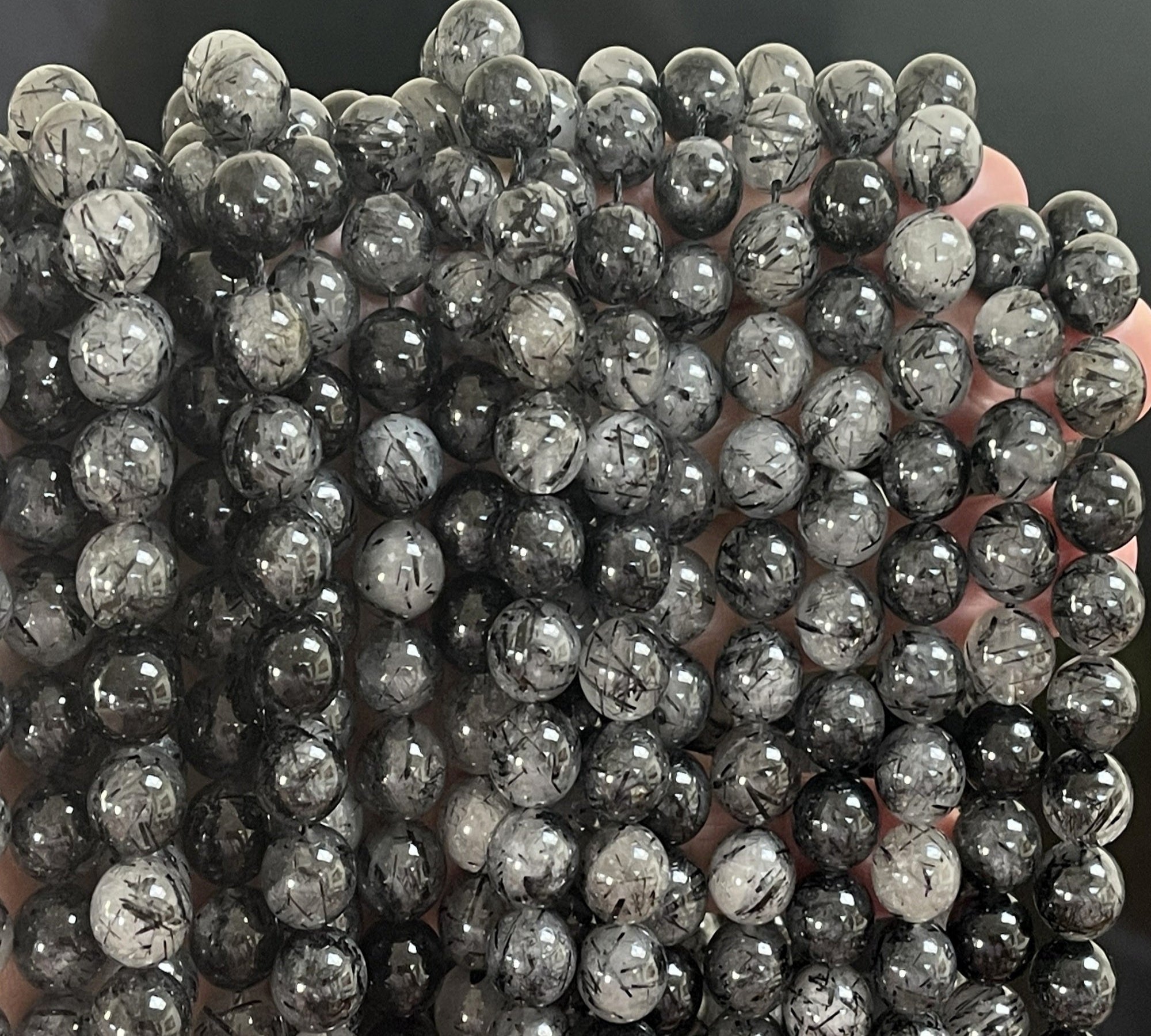 Black Tourmaline Rutilated Quartz 10mm round natural gemstone beads 15" strand - Oz Beads 