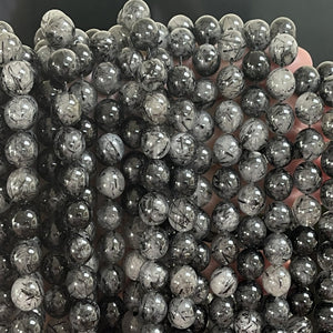 Black Tourmaline Rutilated Quartz 10mm round natural gemstone beads 15" strand - Oz Beads 