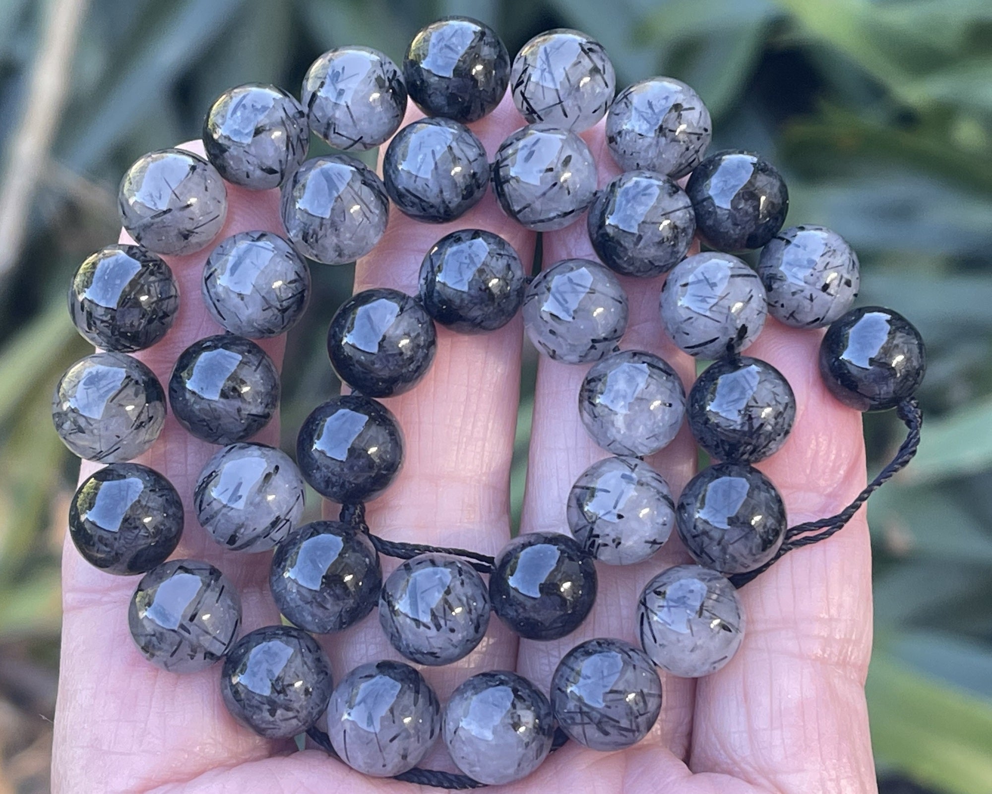 Black Tourmaline Rutilated Quartz 10mm round natural gemstone beads 15" strand - Oz Beads 