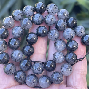 Black Tourmaline Rutilated Quartz 10mm round natural gemstone beads 15" strand - Oz Beads 