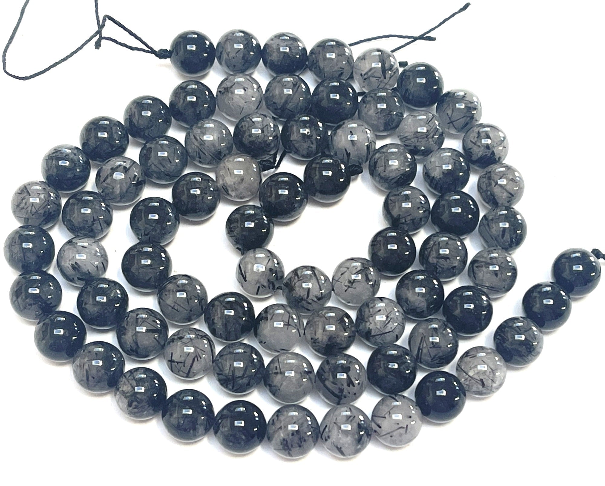 Black Tourmaline Rutilated Quartz 10mm round natural gemstone beads 15" strand - Oz Beads 