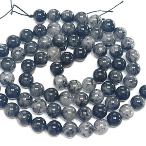 Black Tourmaline Rutilated Quartz 10mm round natural gemstone beads 15" strand - Oz Beads 