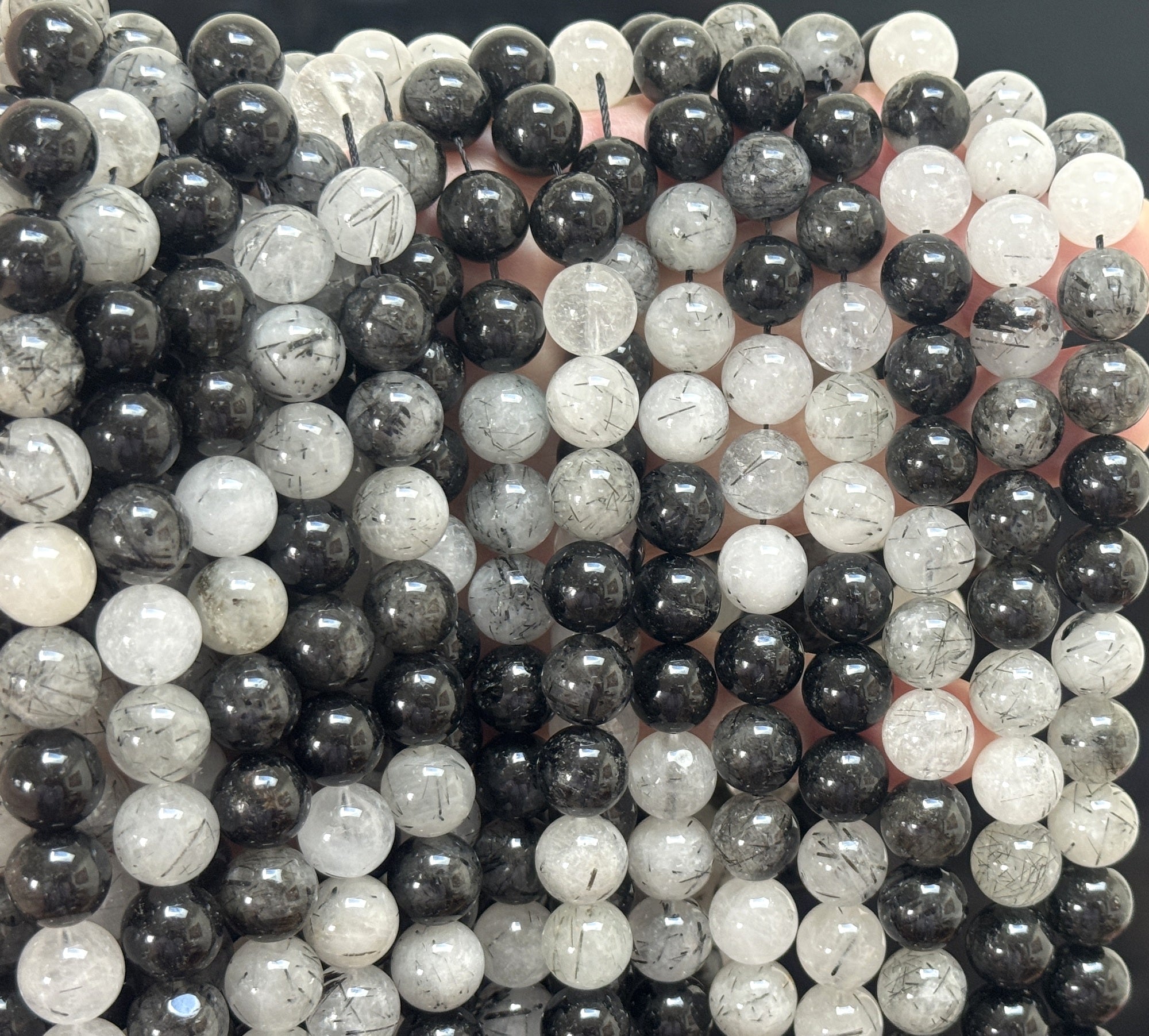 Black Tourmaline Rutilated Quartz 10mm round natural gemstone beads 38cm strand - Oz Beads