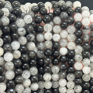 Black Tourmaline Rutilated Quartz 10mm round natural gemstone beads 38cm strand - Oz Beads