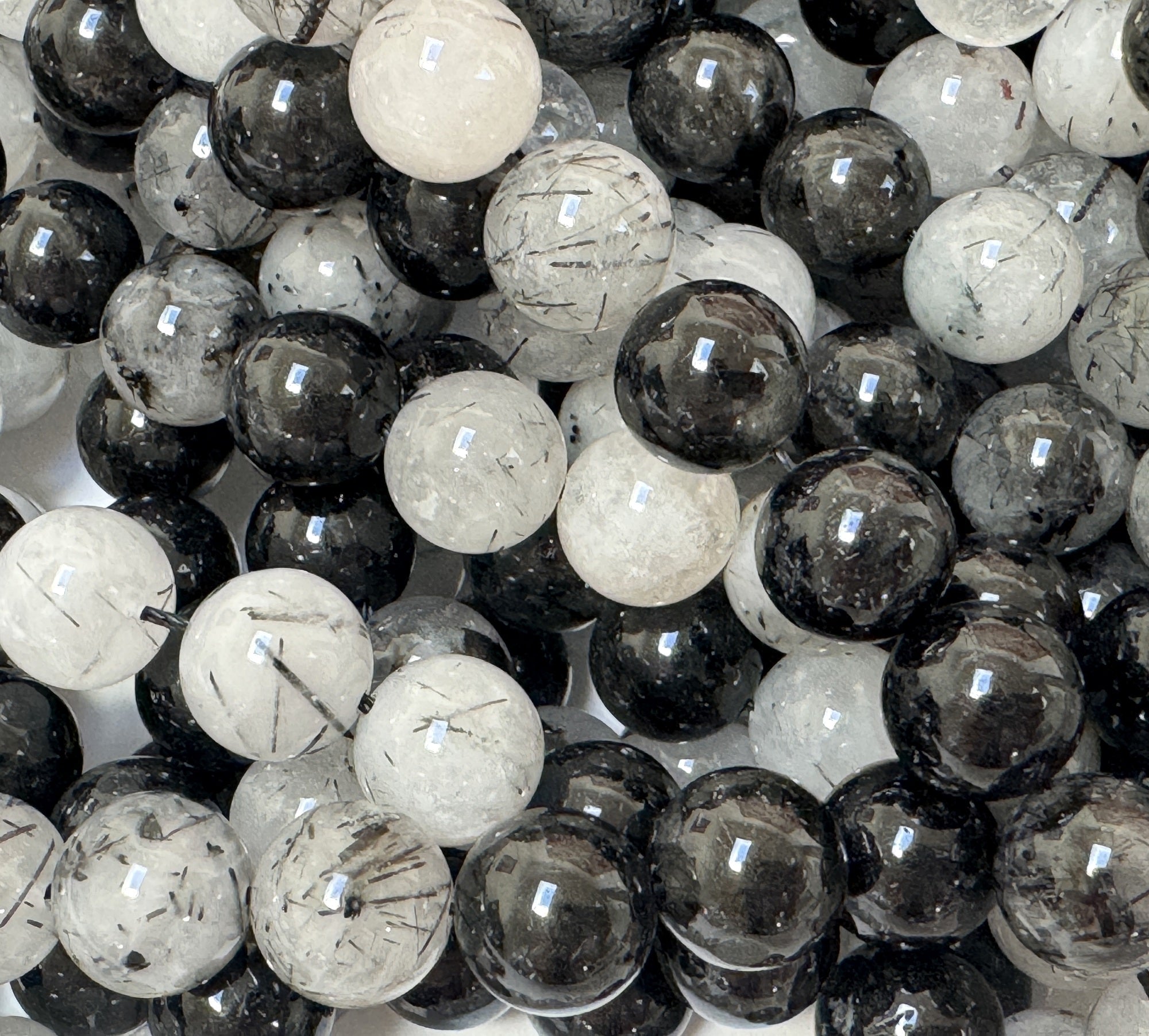 Black Tourmaline Rutilated Quartz 10mm round natural gemstone beads 38cm strand - Oz Beads