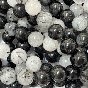 Black Tourmaline Rutilated Quartz 10mm round natural gemstone beads 38cm strand - Oz Beads