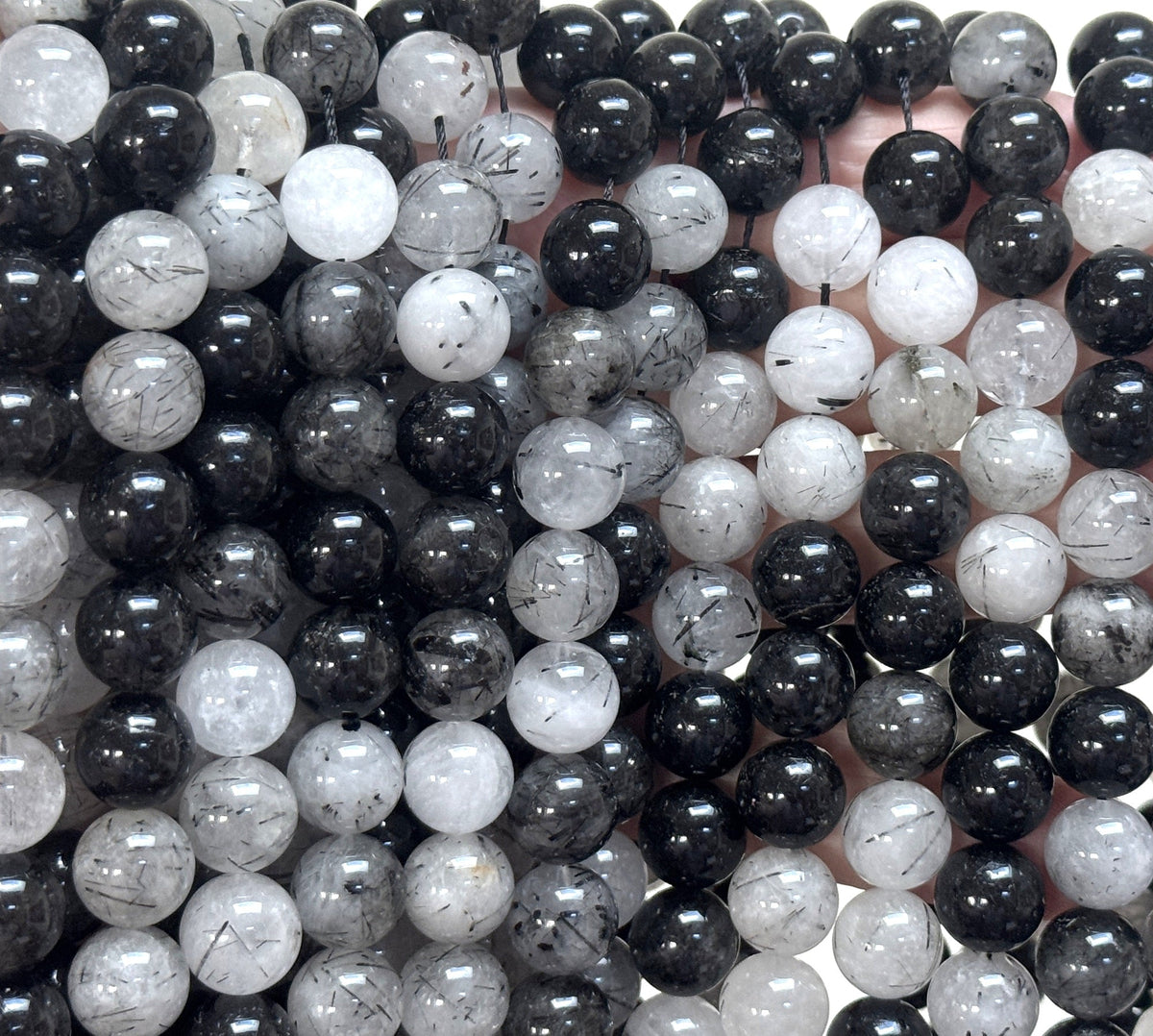 Black Tourmaline Rutilated Quartz 10mm round natural gemstone beads 38cm strand - Oz Beads