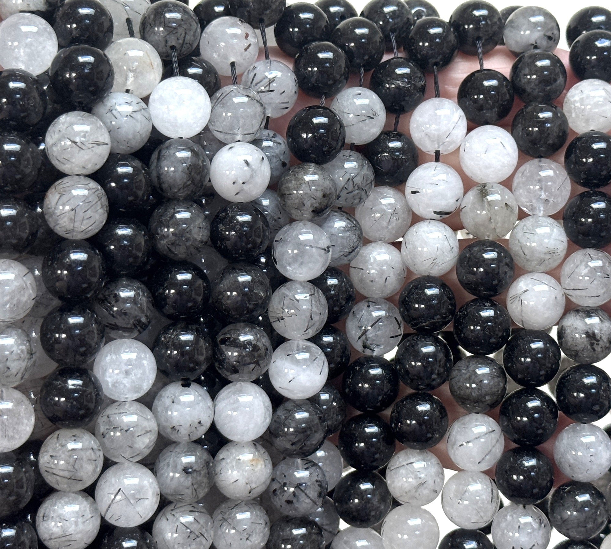 Black Tourmaline Rutilated Quartz 10mm round natural gemstone beads 38cm strand - Oz Beads