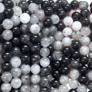 Black Tourmaline Rutilated Quartz 10mm round natural gemstone beads 38cm strand - Oz Beads