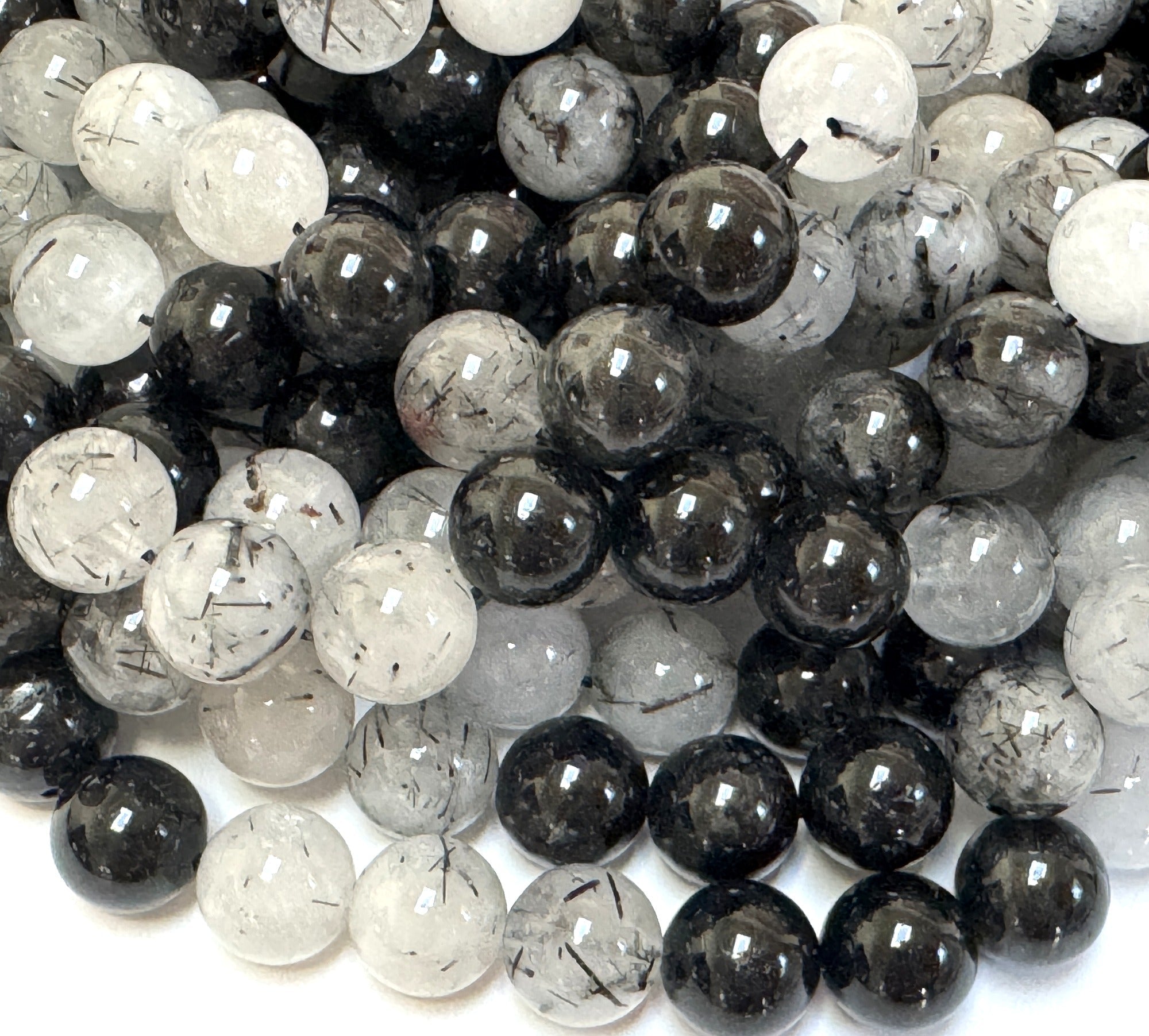 Black Tourmaline Rutilated Quartz 10mm round natural gemstone beads 38cm strand - Oz Beads