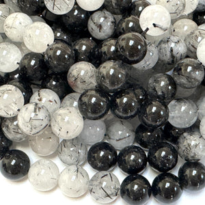 Black Tourmaline Rutilated Quartz 10mm round natural gemstone beads 38cm strand - Oz Beads