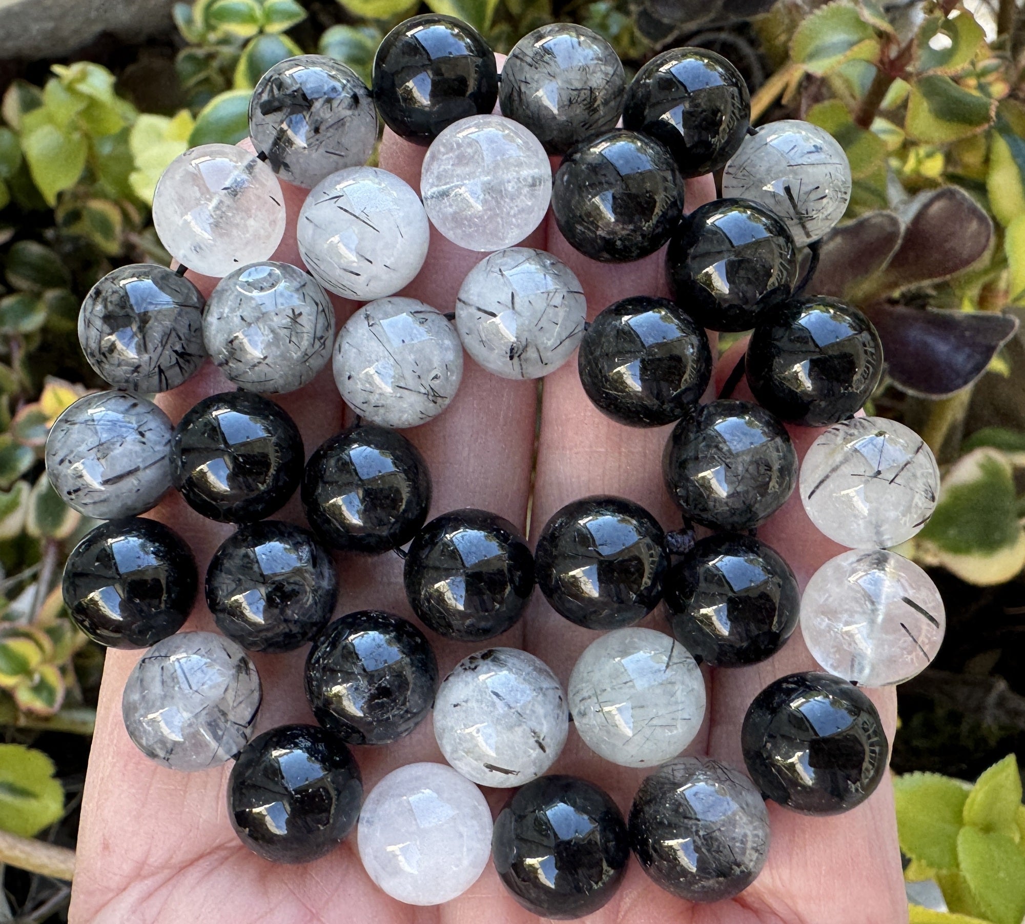 Black Tourmaline Rutilated Quartz 10mm round natural gemstone beads 38cm strand - Oz Beads