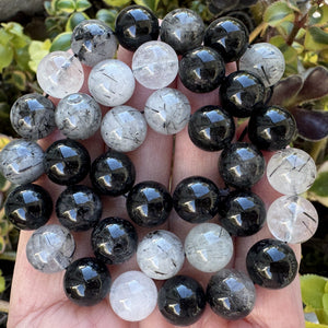 Black Tourmaline Rutilated Quartz 10mm round natural gemstone beads 38cm strand - Oz Beads