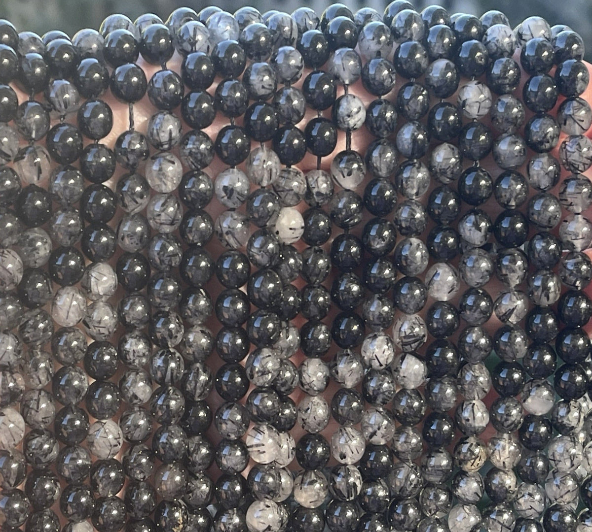 Black Tourmaline Rutilated Quartz 6mm round natural gemstone beads 15" strand - Oz Beads 