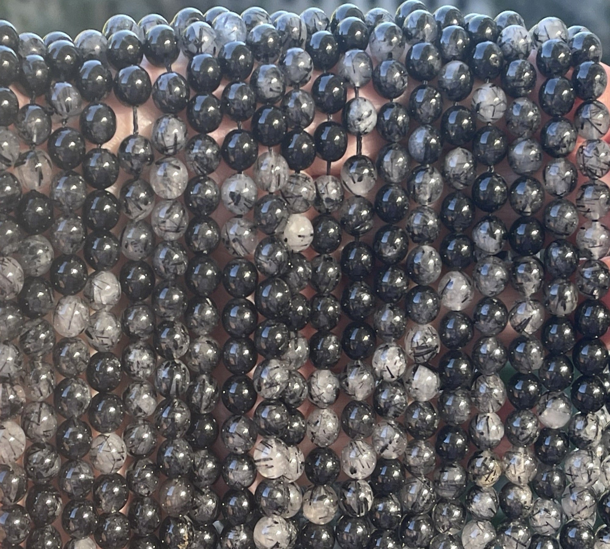 Black Tourmaline Rutilated Quartz 6mm round natural gemstone beads 15" strand - Oz Beads 