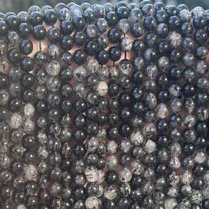 Black Tourmaline Rutilated Quartz 6mm round natural gemstone beads 15" strand - Oz Beads 