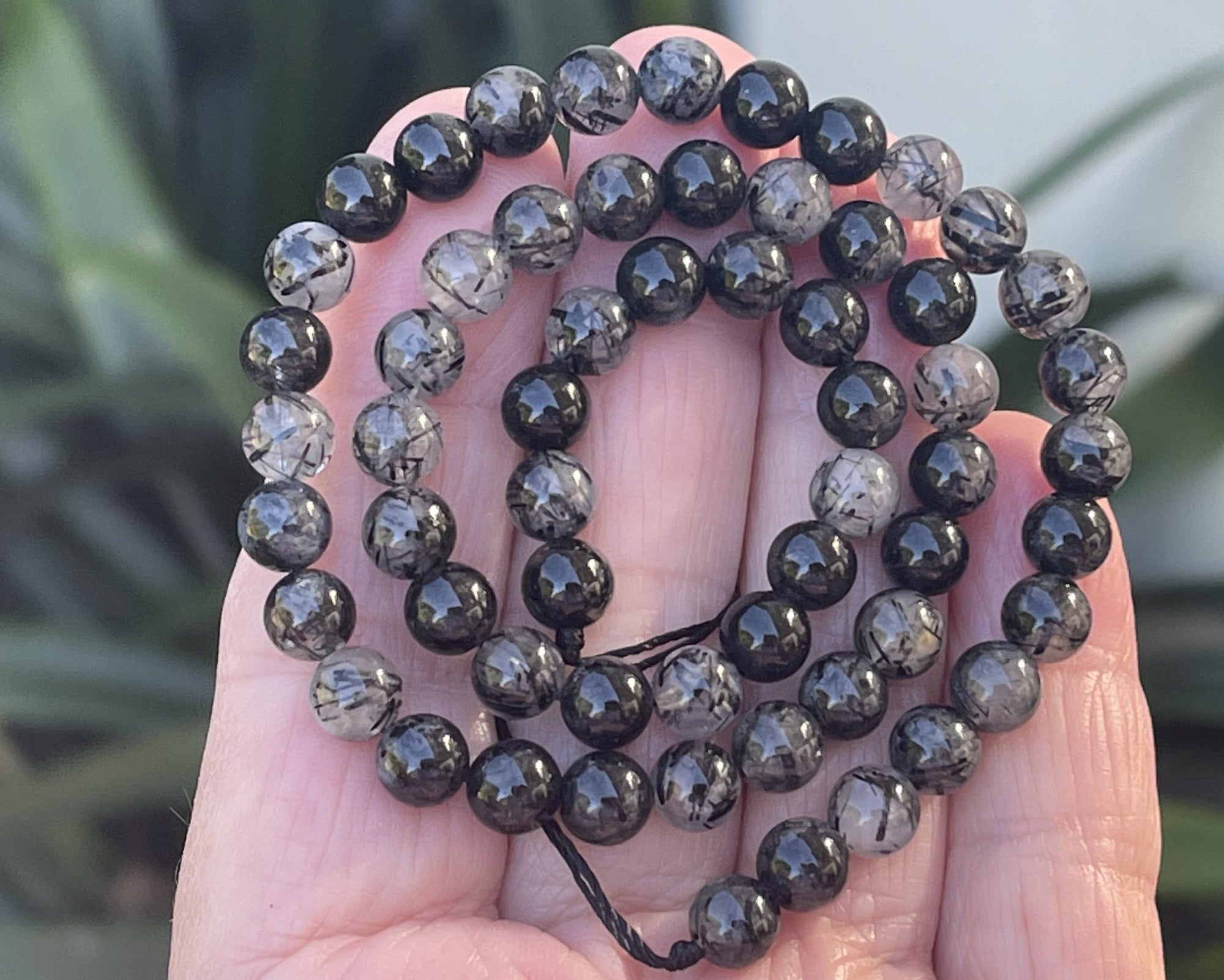 Black Tourmaline Rutilated Quartz 6mm round natural gemstone beads 15" strand - Oz Beads 
