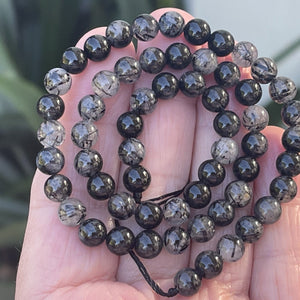 Black Tourmaline Rutilated Quartz 6mm round natural gemstone beads 15" strand - Oz Beads 
