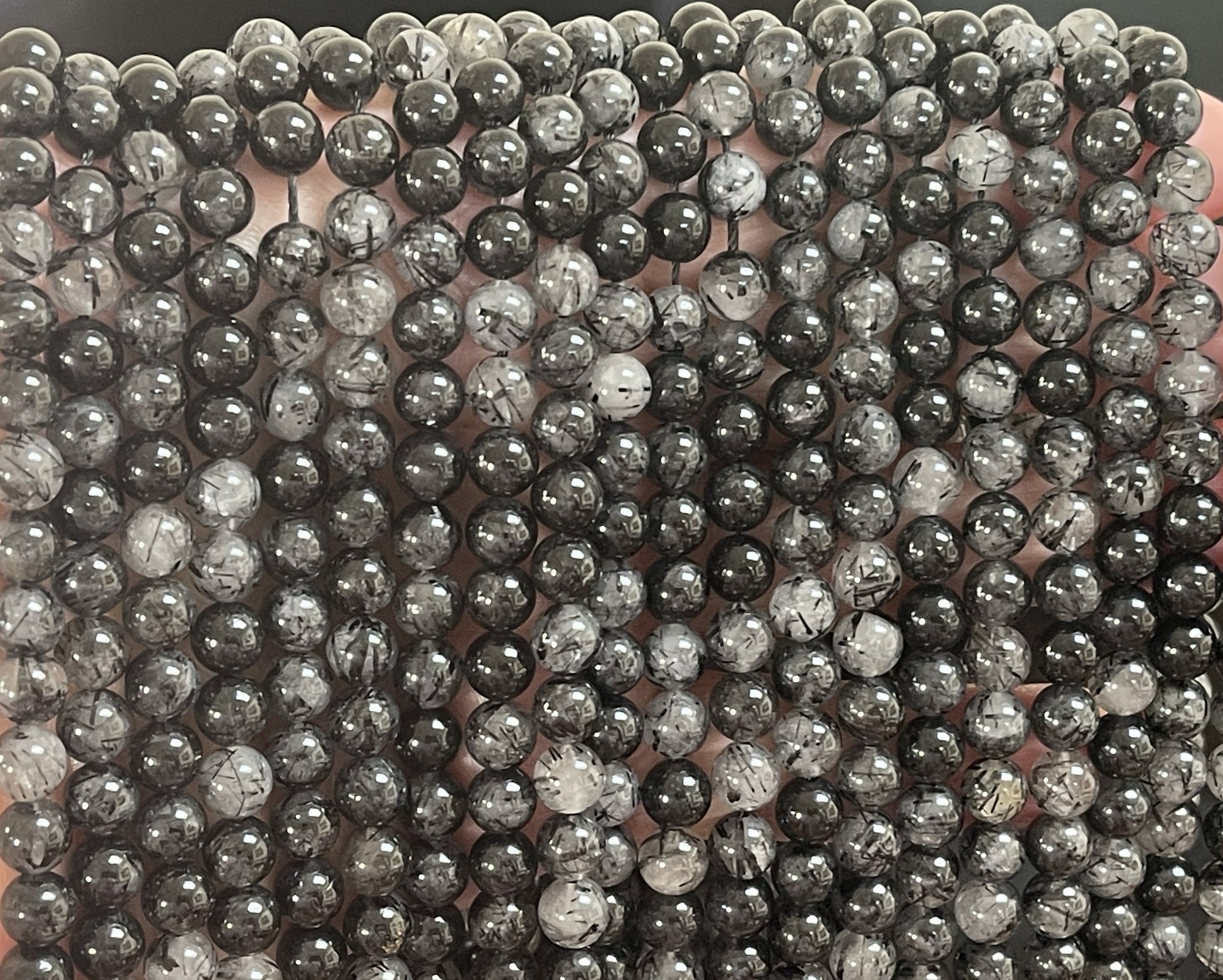 Black Tourmaline Rutilated Quartz 6mm round natural gemstone beads 15" strand - Oz Beads 