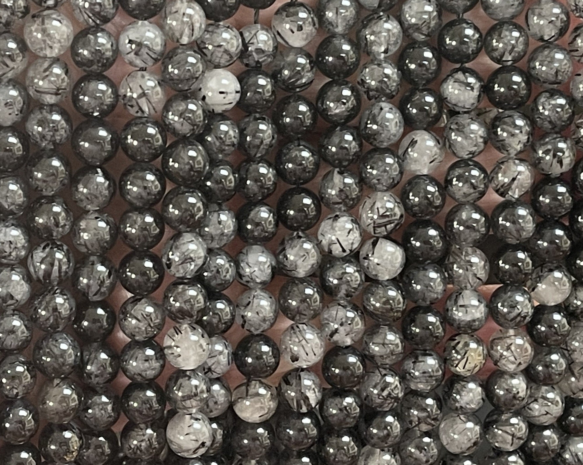 Black Tourmaline Rutilated Quartz 6mm round natural gemstone beads 15" strand - Oz Beads 