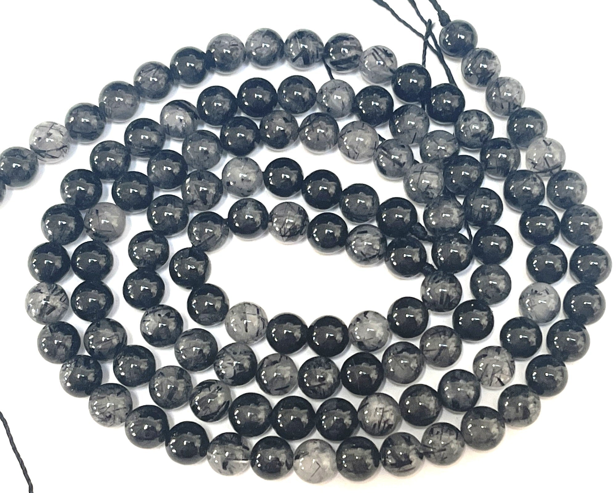 Black Tourmaline Rutilated Quartz 6mm round natural gemstone beads 15" strand - Oz Beads 