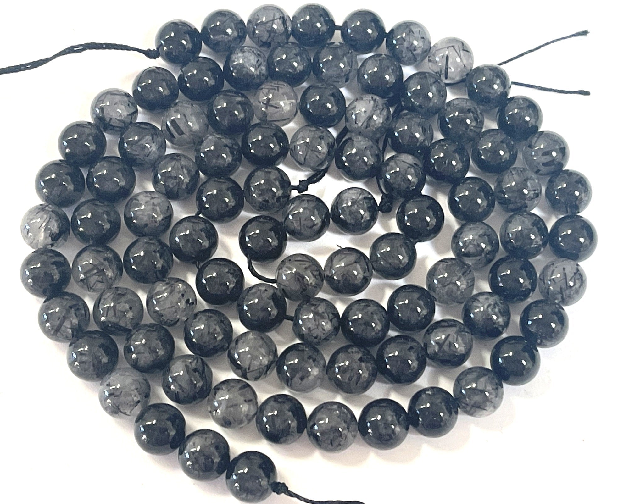 Black Tourmaline Rutilated Quartz 8mm round natural gemstone beads 15.5" strand - Oz Beads 