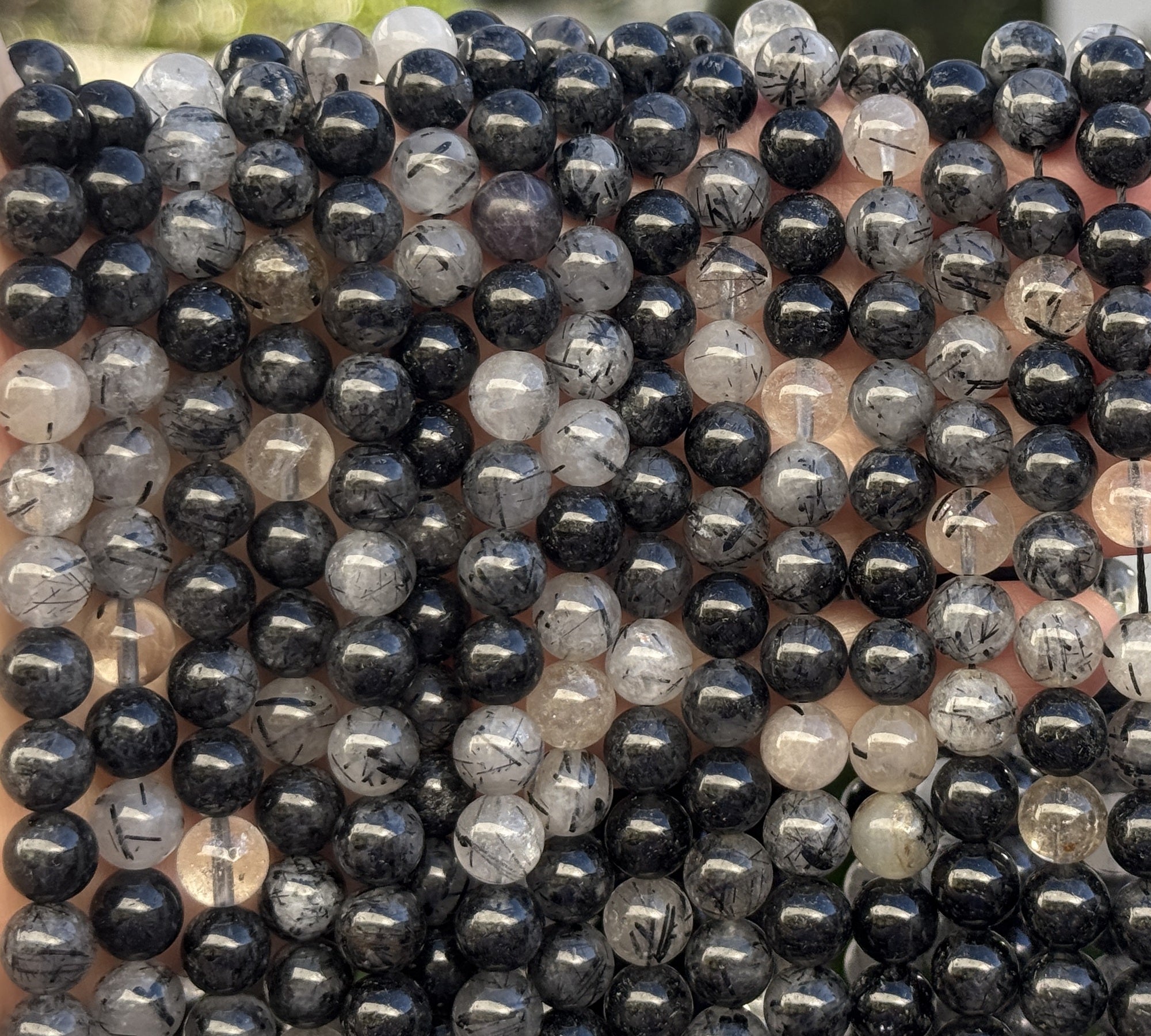 Black Tourmaline Rutilated Quartz 8mm round natural gemstone beads 15.5" strand - Oz Beads