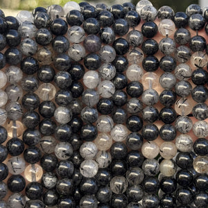 Black Tourmaline Rutilated Quartz 8mm round natural gemstone beads 15.5" strand - Oz Beads
