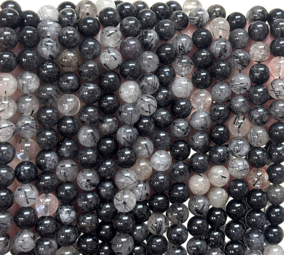 Black Tourmaline Rutilated Quartz 8mm round natural gemstone beads 15.5" strand - Oz Beads