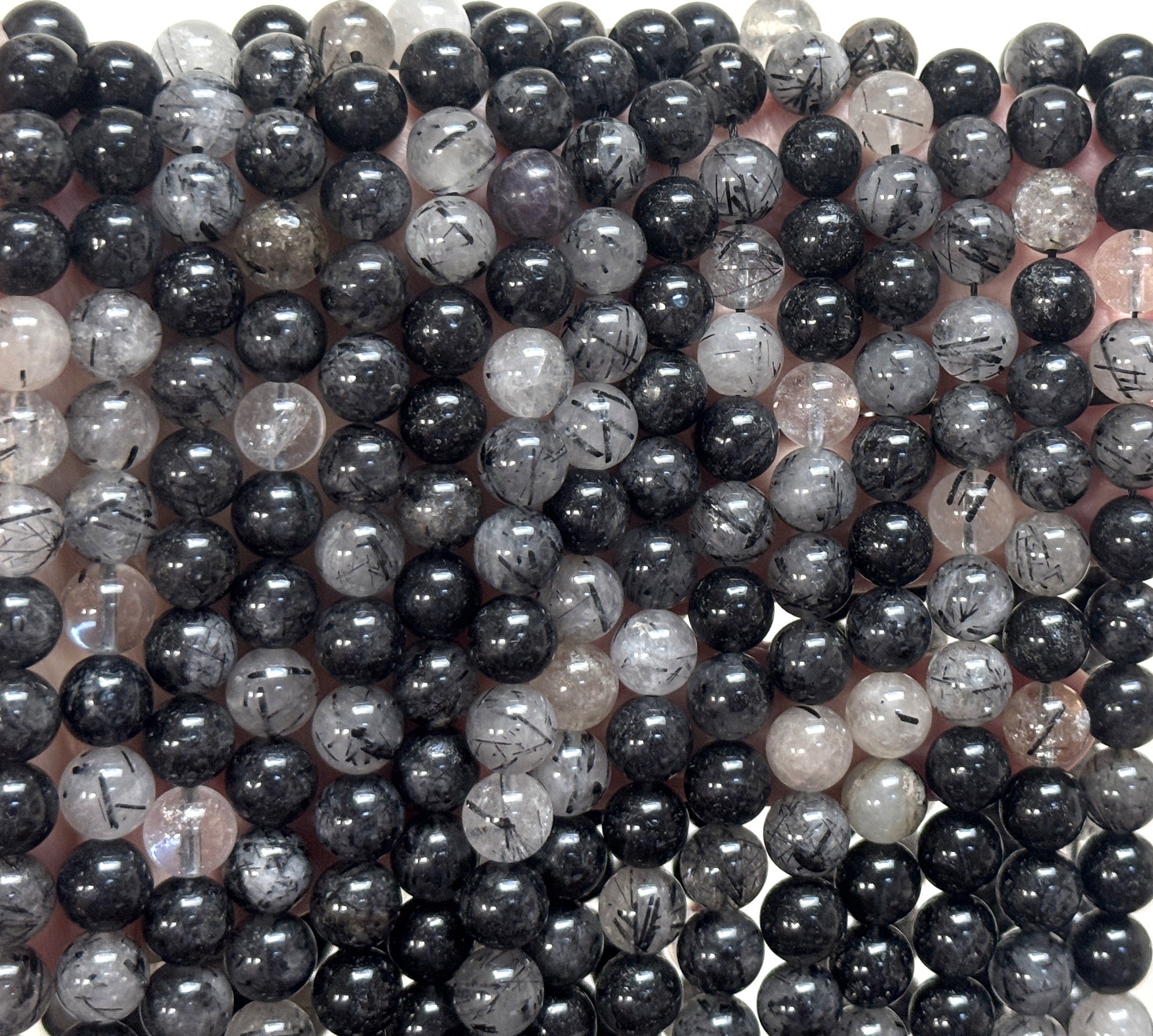 Black Tourmaline Rutilated Quartz 8mm round natural gemstone beads 15.5" strand - Oz Beads