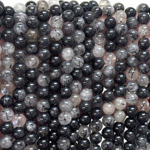 Black Tourmaline Rutilated Quartz 8mm round natural gemstone beads 15.5" strand - Oz Beads