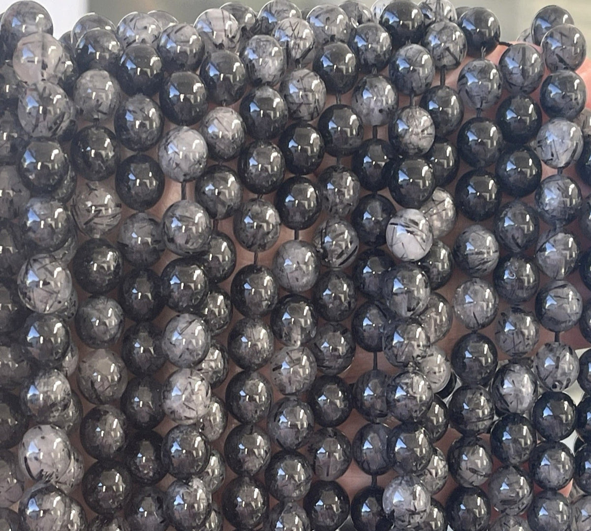 Black Tourmaline Rutilated Quartz 8mm round natural gemstone beads 15.5" strand - Oz Beads 