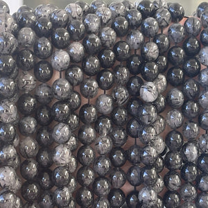 Black Tourmaline Rutilated Quartz 8mm round natural gemstone beads 15.5" strand - Oz Beads 