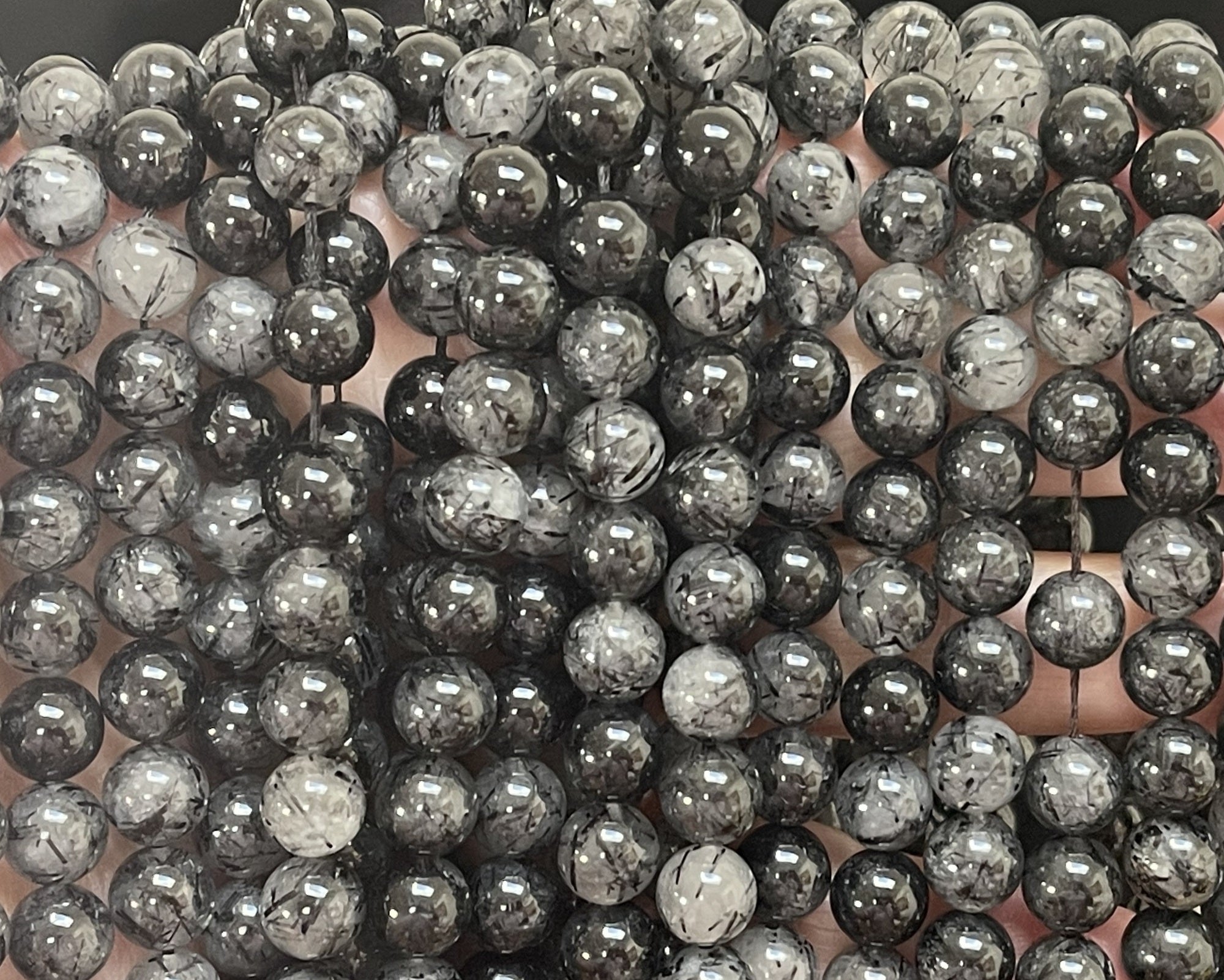 Black Tourmaline Rutilated Quartz 8mm round natural gemstone beads 15.5" strand - Oz Beads 