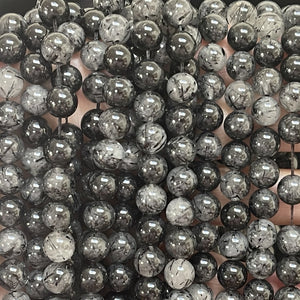 Black Tourmaline Rutilated Quartz 8mm round natural gemstone beads 15.5" strand - Oz Beads 