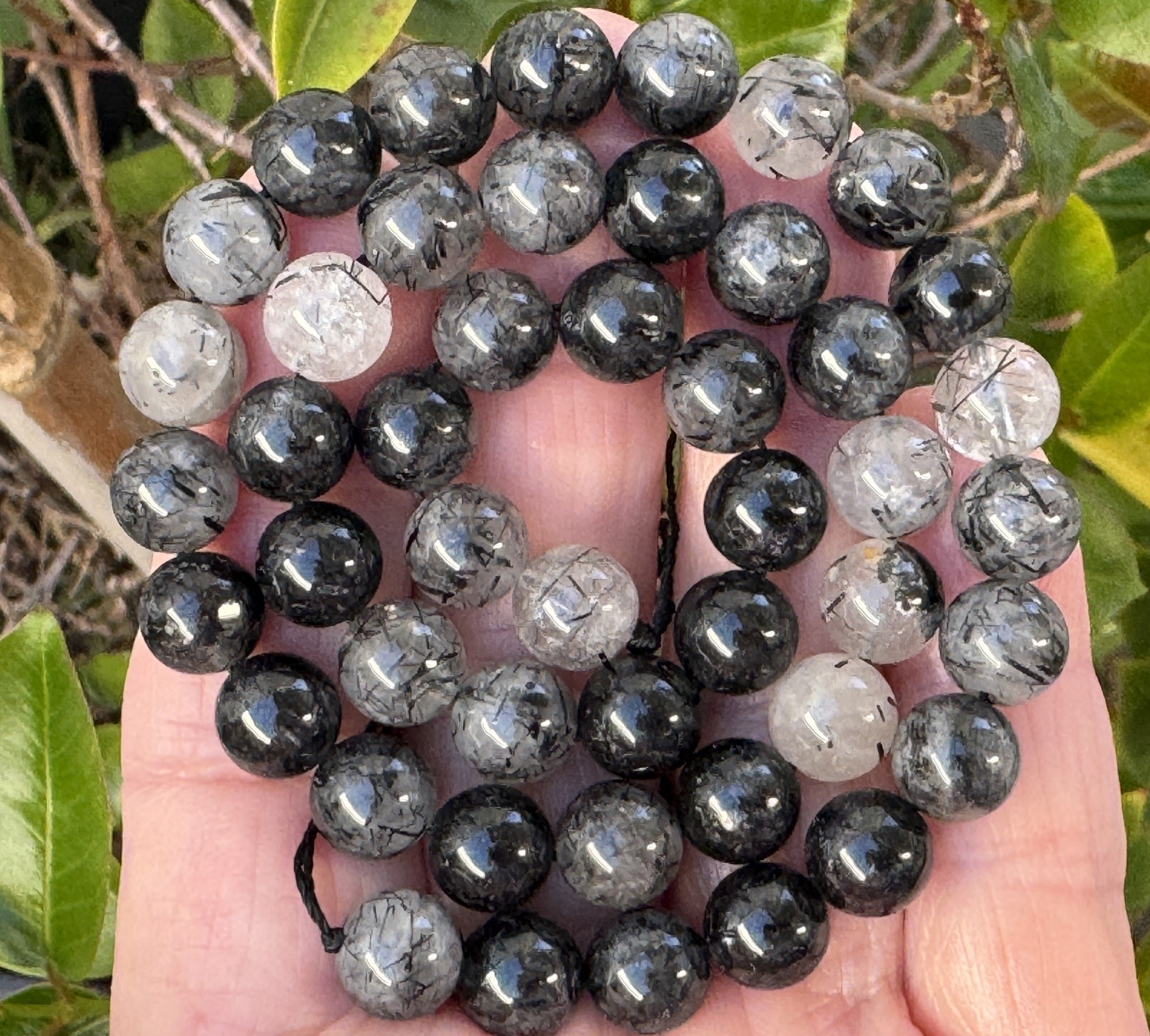 Black Tourmaline Rutilated Quartz 8mm round natural gemstone beads 15.5" strand - Oz Beads