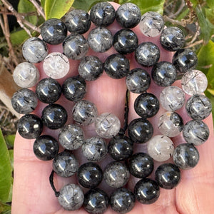 Black Tourmaline Rutilated Quartz 8mm round natural gemstone beads 15.5" strand - Oz Beads