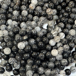 Black Tourmaline Rutilated Quartz 8mm round natural gemstone beads 15.5" strand - Oz Beads