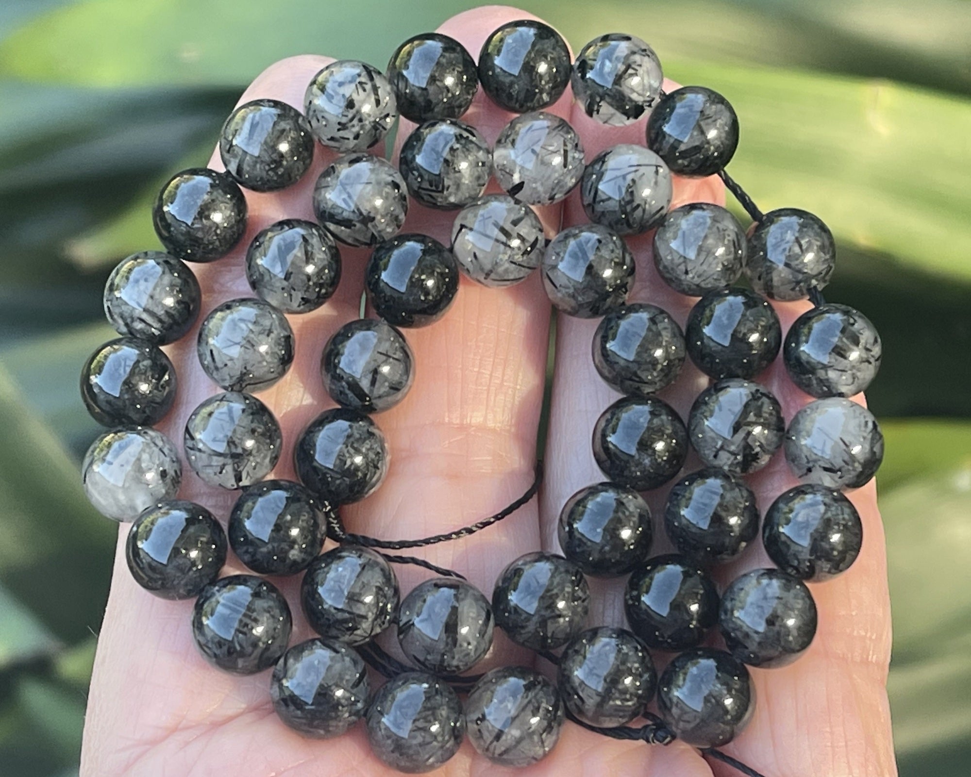 Black Tourmaline Rutilated Quartz 8mm round natural gemstone beads 15.5" strand - Oz Beads 