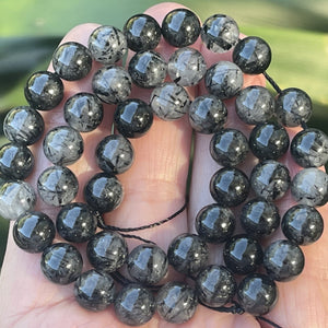 Black Tourmaline Rutilated Quartz 8mm round natural gemstone beads 15.5" strand - Oz Beads 