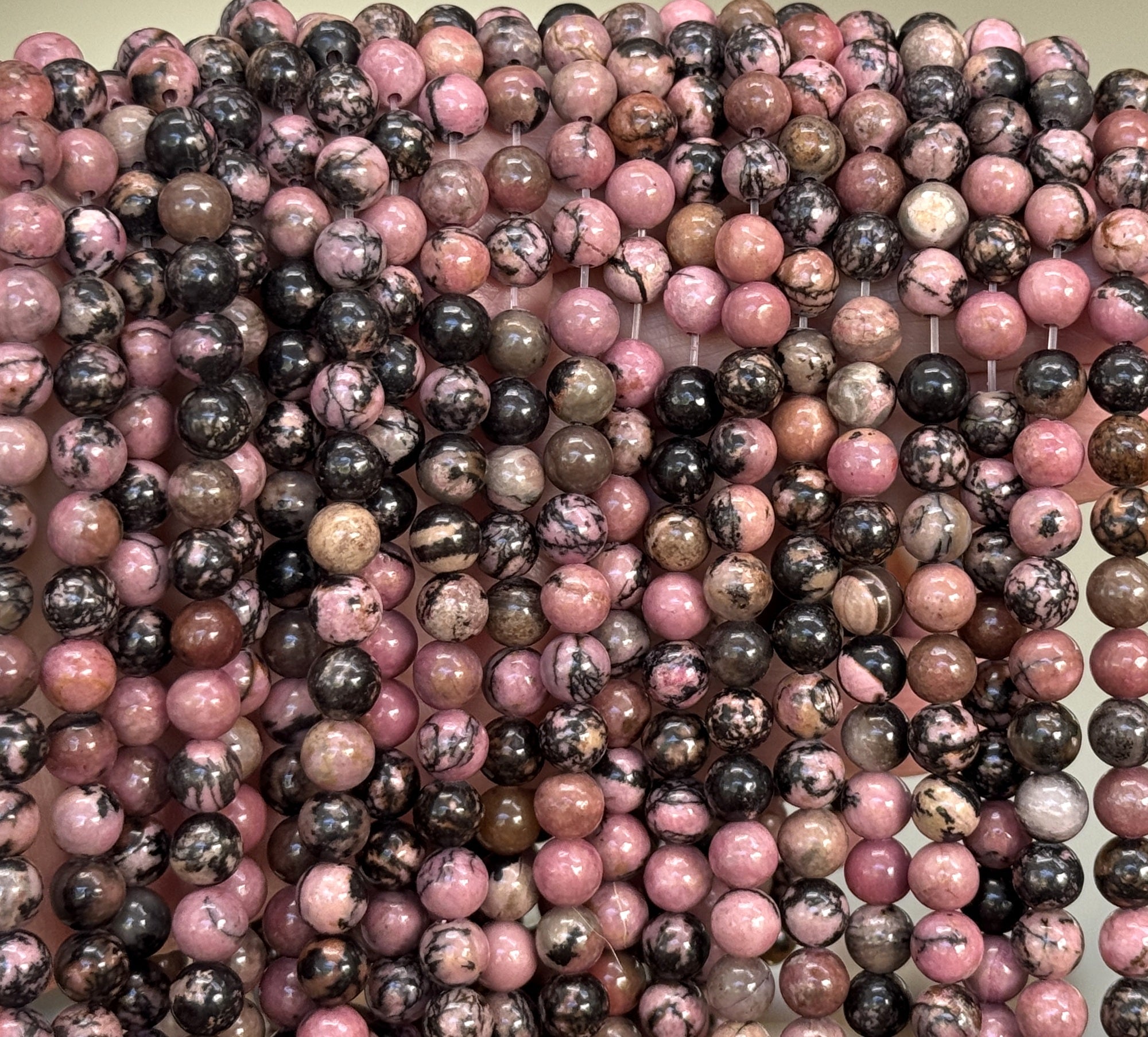 Black Veined Rhodonite 6mm round ball beads 15" strand - Oz Beads 