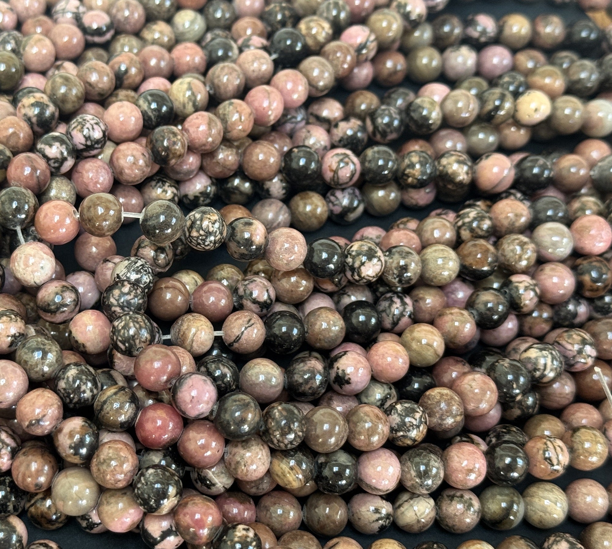 Black Veined Rhodonite 8mm round natural gemstone beads 15" strand - Oz Beads 