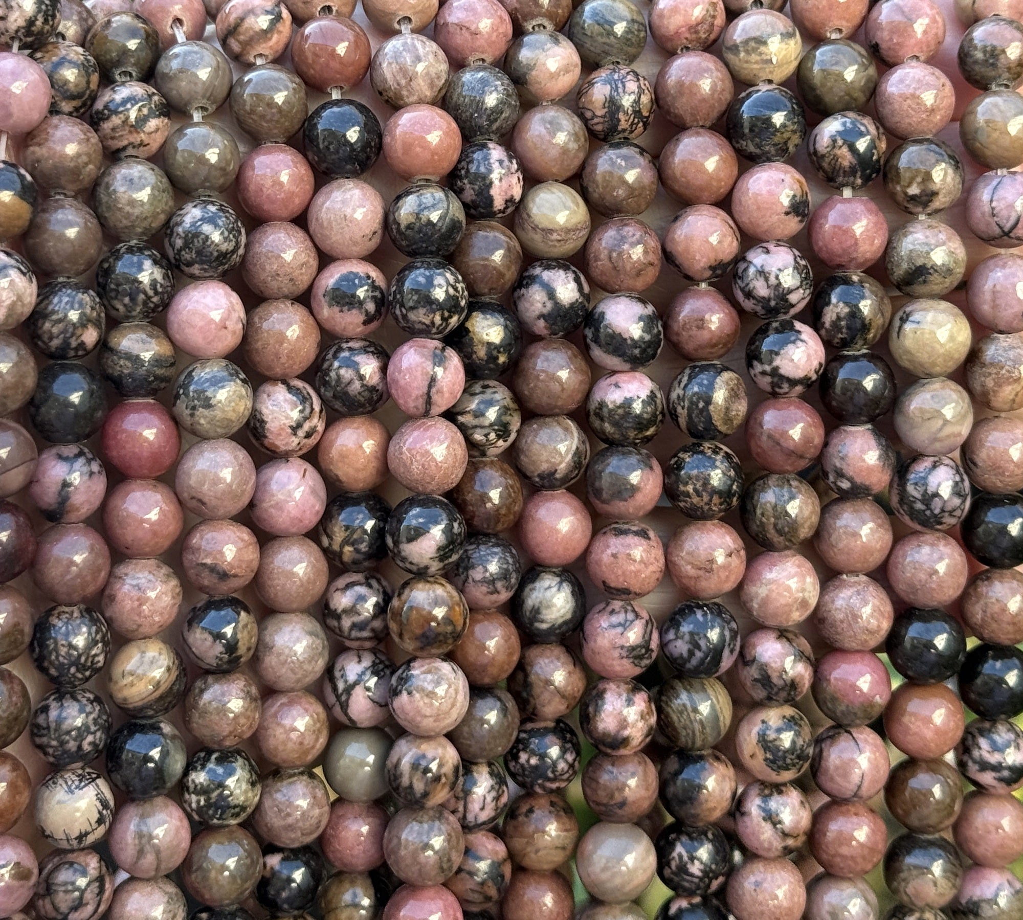 Black Veined Rhodonite 8mm round natural gemstone beads 15" strand - Oz Beads 