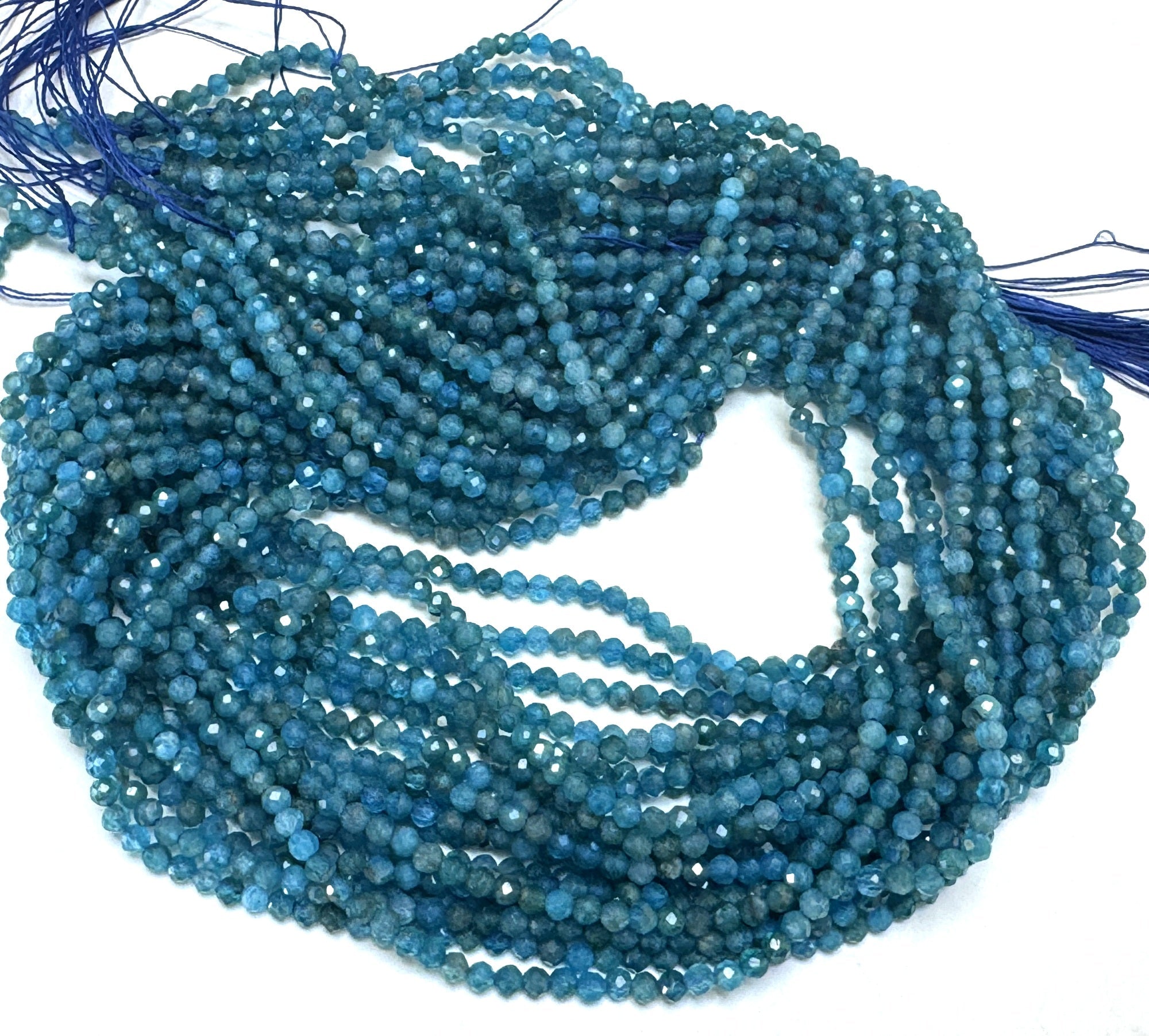 Blue Apatite 3mm 4mm faceted round natural gemstone beads 15.5" strand - Oz Beads 